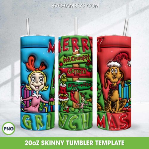 3D Inflated Grinch Whoville Tumbler Wrap PNG, Merry Mt Crumpit Grinch Road 20oz Skinny Tumbler Template PNG