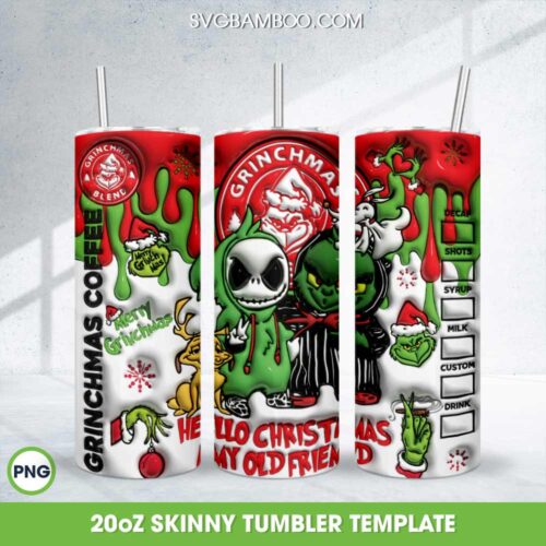 3D Inflated Grinch And Jack Friend Tumber Wrap PNG, Jack Skellington And Grinch 20oz Skinny Tumbler Template PNG
