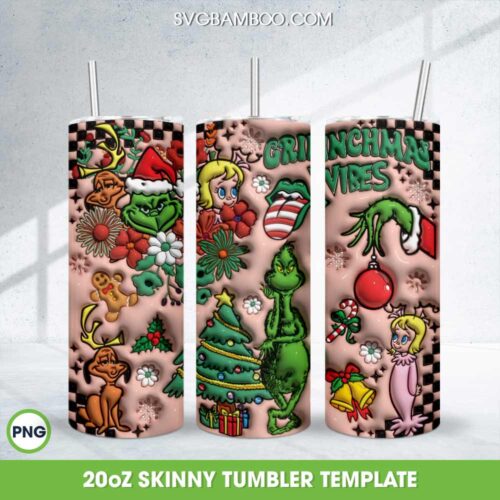 3D Inflated Grinchmas Vibes Tumbler Wrap PNG, Merry Grinchmas 20oz Skinny Tumbler Template PNG