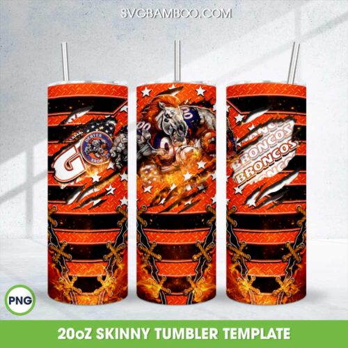 Denver Broncos Mascot Tumbler Wrap PNG, Broncos Football Team 20oz Skinny Tumbler Template PNG