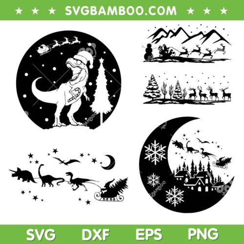 Dinosaur Sleigh Ride SVG Bundle, Santa Sleigh T Rex Christmas SVG Bundle, Dinosaur Moon Christmas DXF SVG PNG EPS