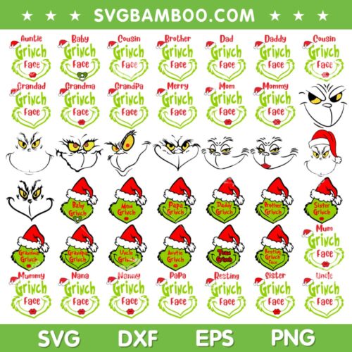 Family Grinch Faces SVG Bundle, Merry Grinch Face Xmas SVG Bundle, Grinch Family DXF SVG PNG EPS