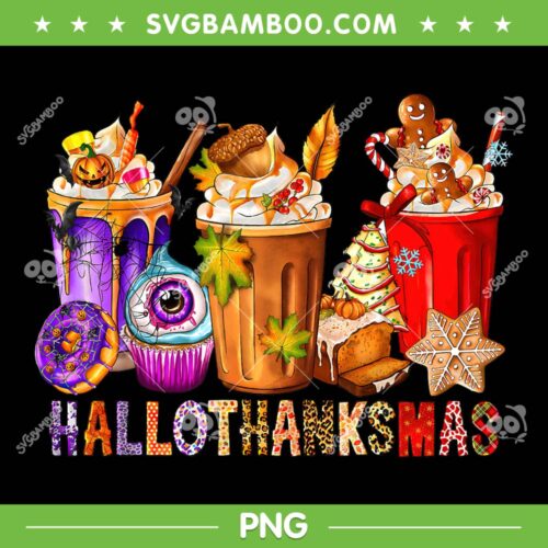 Funny Halloween Thanksgiving Christmas Coffee Latte PNG, Happy Hallothanksmas Snacks PNG, Hallothanksmas Coffee PNG