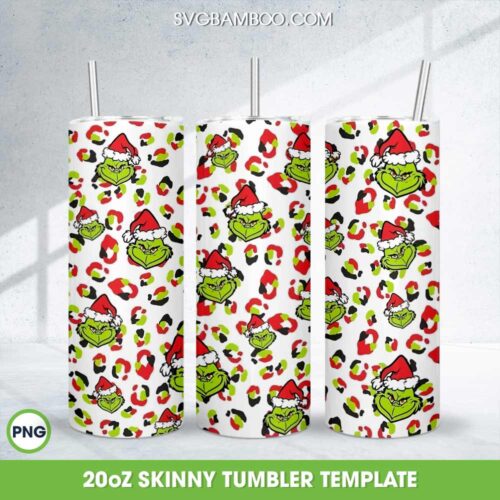 Grinch Christmas Cheetah Tumbler Wrap PNG, Grinch Seamless Repeating 20oz Skinny Tumbler Template PNG