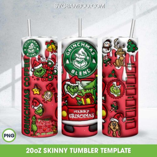 Grinch Christmas Tree Truck Tumbler Wrap PNG, 3D Inflated Merry Grinchmas 20oz Skinny Tumbler Template PNG