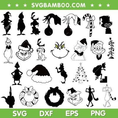 Grinch Silhouette SVG Bundle, Grinch Christmas Black And White SVG Bundle, Grinch Face DXF SVG PNG EPS