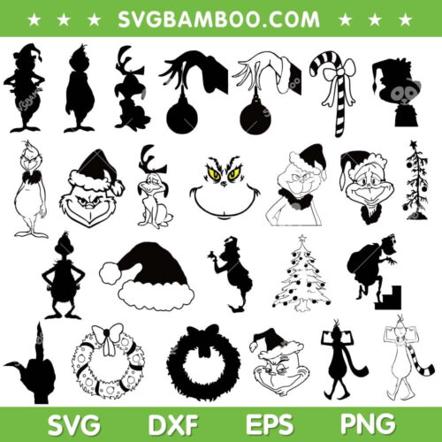 Grinch Silhouette SVG Bundle, Grinch Christmas Black And White SVG Bundle, Grinch Face DXF SVG PNG EPS