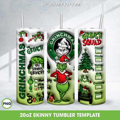 Grinch Squad Coffee Tumbler Wrap PNG, Funny Grinchmas Xmas 20oz Skinny Tumbler Template PNG