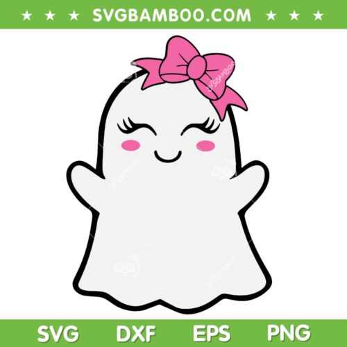 Halloween Ghost With Pink Bow SVG PNG, Kid Girls Boo Ghost SVG, Cute Ghost With Bow DXF SVG PNG EPS