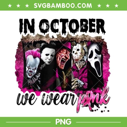 In October We Wear Pink Horror Movie PNG, Halloween Breast Cancer PNG, Pink Horror Character PNG