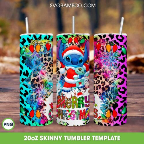 Lilo Stitch Santa Merry Christmas Tumbler Wrap PNG, Stitch Santa Leopard 20oz Skinny Tumbler Template PNG