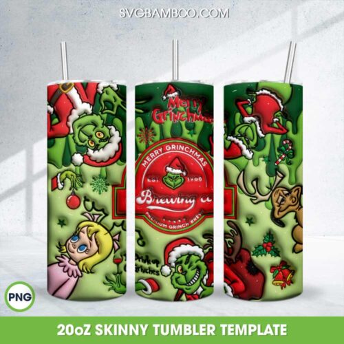 Merry Grinchmas Brewing Co Tumbler Wrap PNG, 3D Inflated Drink Up Grinches 20oz Skinny Tumbler Template PNG
