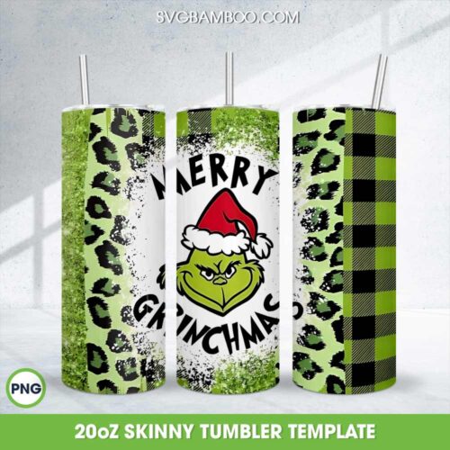 Merry Grinchmas Plaid Tumbler Wrap PNG, Christmas Grinch Plaid Leopard 20oz Skinny Tumbler Template PNG