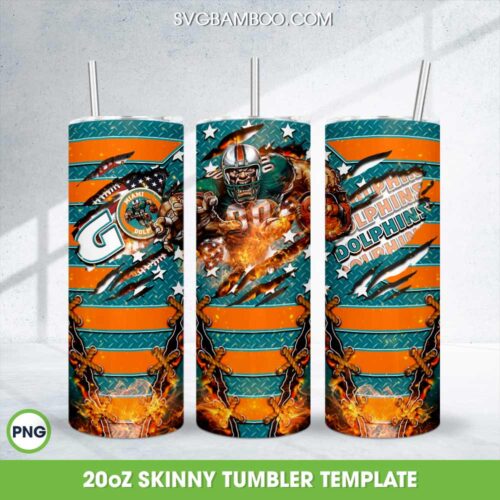 Miami Dolphins Mascot Tumbler Wrap PNG, Dolphins Football Team 20oz Skinny Tumbler Template PNG