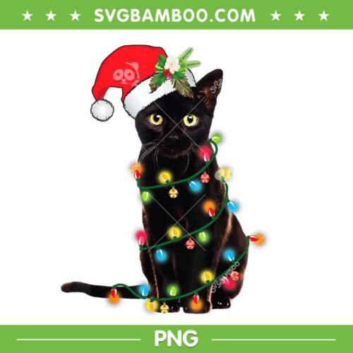 Santa Black Cat Lights PNG, Cat Tangled Up In Christmas Tree PNG, Cat Christmas Tree PNG