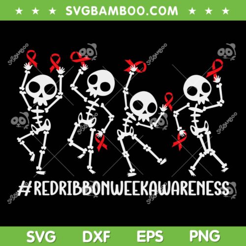 Skeleton Dancing Red Ribbon Week SVG PNG, Red Ribbon Week Awareness SVG, Skeleton Red Ribbon Dancing DXF SVG PNG EPS