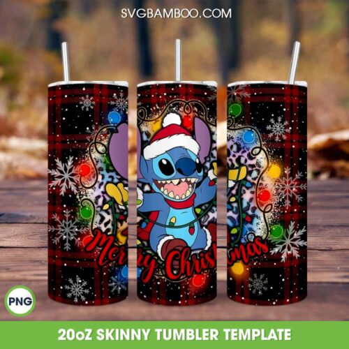 Stitch Christmas Lights Plaid Tumbler Wrap PNG, Cute Santa Stitch 20oz Skinny Tumbler Template PNG