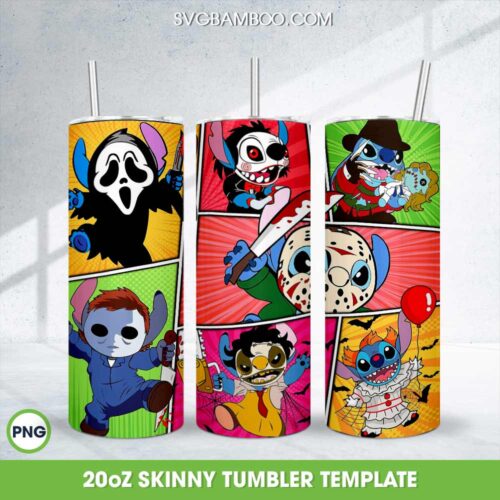 Stitch Horror Movie Characters Tumbler Wrap PNG, Funny Halloween Lilo And Stitch 20oz Skinny Tumbler Template PNG