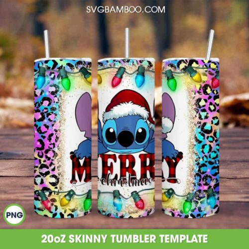 Stitch Merry Christmas Leopard Tumbler Wrap PNG, Stitch Santa Christmas 20oz Skinny Tumbler Template PNG