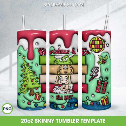 3D Inflated Christmas And Co Whoville Tumbler Wrap PNG, Whoville Christmas Trees 20oz Skinny Tumbler Template PNG