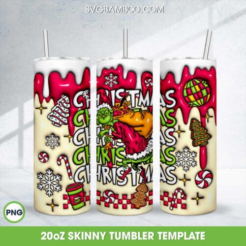 3D Inflated Grinch Santa Tumbler Wrap PNG, Merry Grinchmas 20oz Skinny Tumbler Template PNG