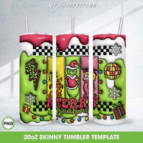 3D Inflated Retro Grinch Whoville Tumbler Wrap PNG, Merry Christmas Grinch Pink 20oz Skinny Tumbler Template PNG