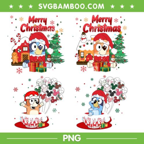 Bluey Merry Christmas PNG Bundle, 4 Files Bluey Family Christmas PNG Bundle, Bluey And Friends Christmas PNG Bundle