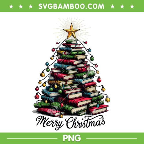 Books Christmas Tree PNG, Love Reading Books Librarian Merry Christmas PNG, Christmas Books Lights PNG