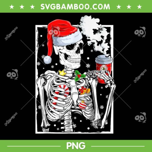 Christmas Skeleton With Coffee Latte PNG, Skull Drinking Coffee Christmas PNG, Latte Christmas PNG