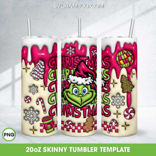 Funny Grinch Face Christmas Tumbler Wrap PNG, Pink Grinch Christmas Tree 20oz Skinny Tumbler Template PNG