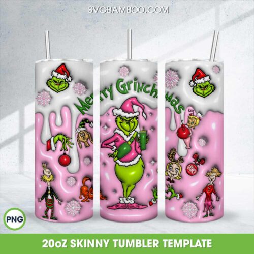Grinch Stanley Tumbler Christmas Tumbler Wrap PNG, 3D Inflated Merry Grinchmas Pink 20oz Skinny Tumbler Template PNG