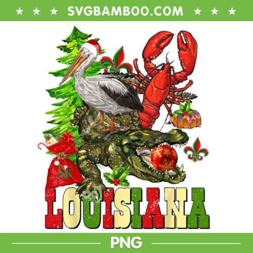 Louisiana Cajun Christmas PNG, Crawfish Pelican Alligator Xmas PNG, Christmas In Louisiana PNG