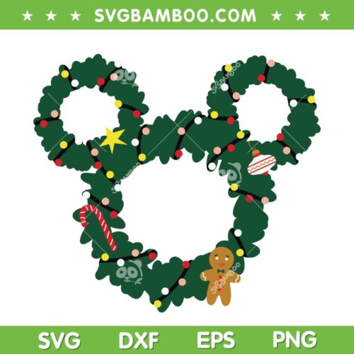 Mickey Mouse Christmas Wreath SVG PNG, Disney Mouse Xmas SVG, Mickey Christmas Head DXF SVG PNG EPS