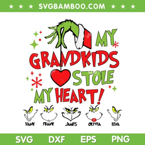 My Grandkids Stole My Heart SVG PNG, Hank Frank James Olivia Lena Grinch Face SVG, Grinch Christmas Ornament DXF SVG PNG EPS