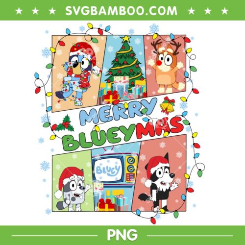 Retro Bluey Merry Christmas 2023 PNG, Bluey And Bingo Christmas Lights PNG, Merry Blueymas PNG