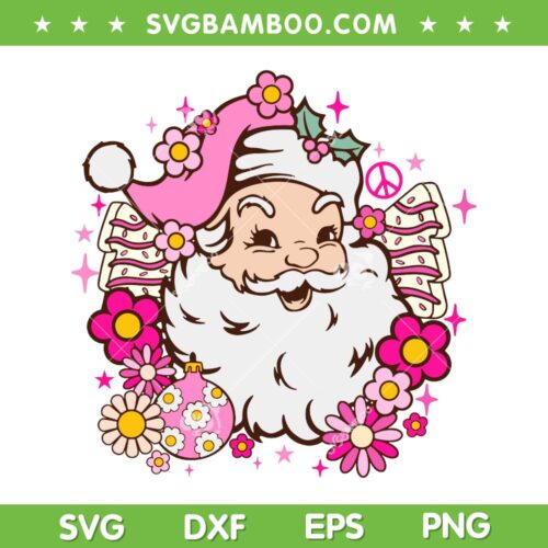Retro Santa Xmas Tree Cake SVG PNG, Pink Santa Claus Flowers SVG, Vintage Pink Christmas DXF SVG PNG EPS