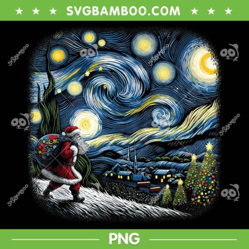 Santa Van Gogh Starry Night PNG, Santa Christmas Winter Snowy Night PNG, Christmas Painting PNG