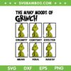 The Many Moods Of Grinch SVG PNG, Grinch Grumpy Content Excited Mean Foul Nasty SVG, Grinch Merry Xmas DXF SVG PNG EPS