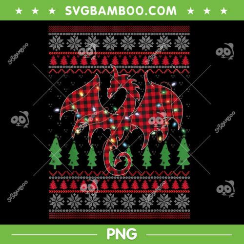 Zodiac Dragon Ugly Sweater Christmas Lights PNG, Dragon Christmas Lights PNG, Christmas Dragon Checkerboard Red PNG
