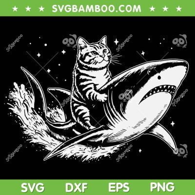 Cat Riding Shark SVG PNG, Cute Anime Kawaii Kitten SVG, Cat Riding Shark Black And White DXF SVG PNG EPS