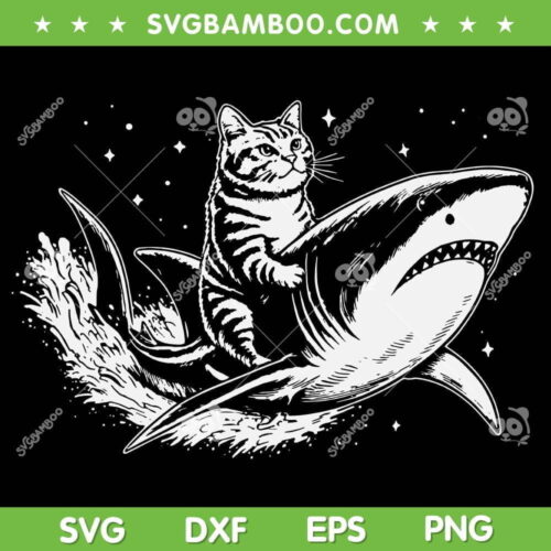 Cat Riding Shark SVG PNG, Cute Anime Kawaii Kitten SVG, Cat Riding Shark Black And White DXF SVG PNG EPS
