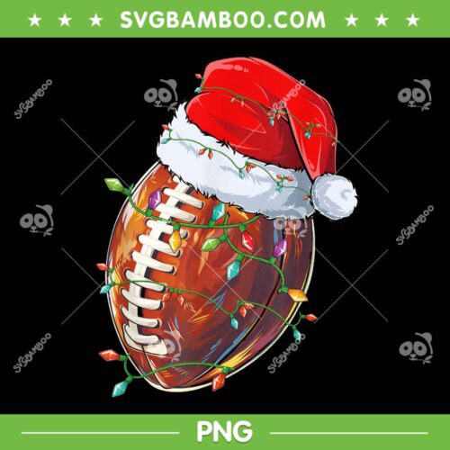Christmas Football Team PNG, Rugby Ball Santa Hat Lights PNG, Ball Wearing Santa Hat PNG