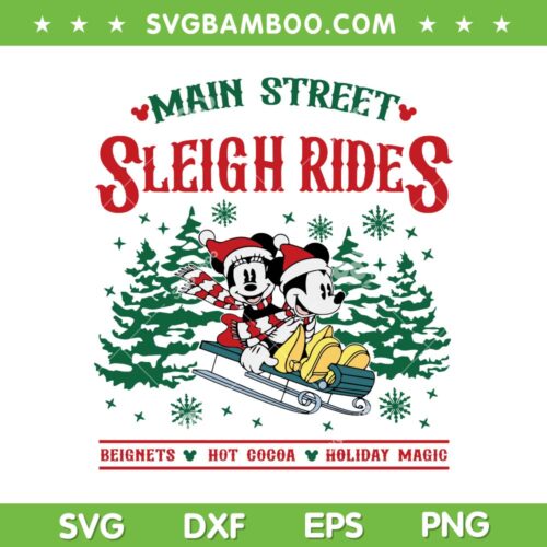 Disney Mouse Main Street Sleigh Rides SVG, Mickey And Minnie Mouse Christmas Sleigh SVG, Disney Skiing Christmas DXF SVG PNG EPS
