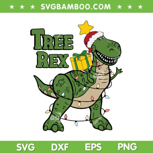 Merry Christmas Tree Rex SVG PNG, Christmas Tree Dinosaur Lights SVG, Tree Rex And Christmas Gifts DXF SVG PNG EPS
