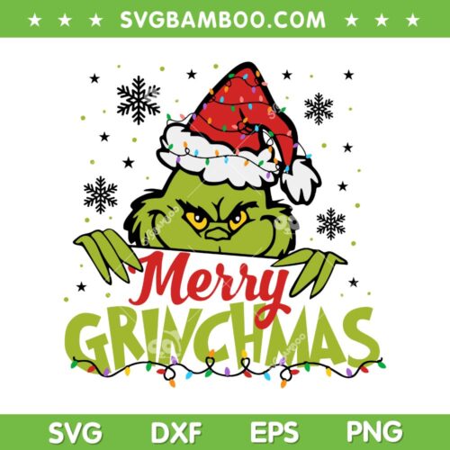 Merry Grinchmas Face SVG PNG, Grinch Face Santa Hat SVG, Grinchmas Lights DXF SVG PNG EPS