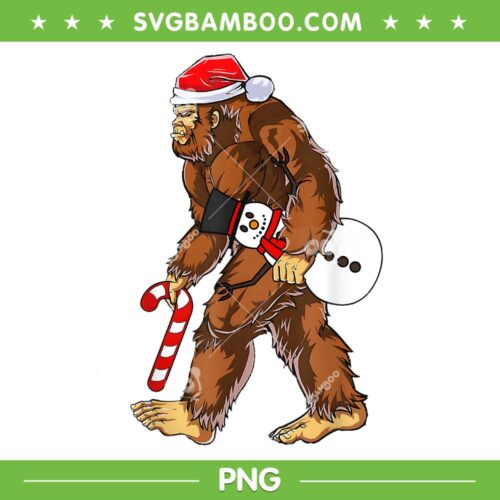 Santa Bigfoot With Snowman Candy Cane PNG, Christmas Sasquatch PNG, Sasquatch Santa Hat PNG