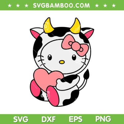 Cute Cow Heart Kitty SVG PNG, Kawaii Valentine Hello Kitty SVG, Cow Hello Kitty Heart DXF SVG PNG EPS
