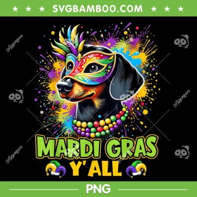 Dachshund Dog Mardi Gras Y'all PNG, Dog Beads Mask Colorful PNG, Happy Mardi Gras Yall PNG