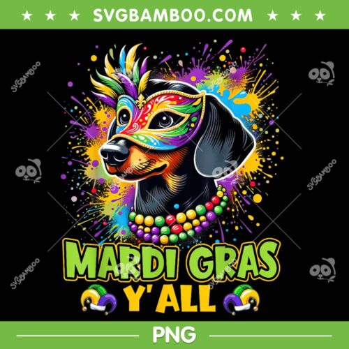 Dachshund Dog Mardi Gras Y'all PNG, Dog Beads Mask Colorful PNG, Happy Mardi Gras Yall PNG