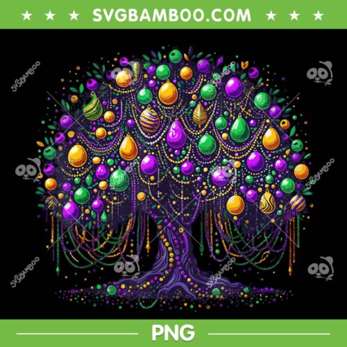 Mardi Gras Tree Beads PNG, New Orleans 2024 Festival Bead Tree PNG, Watercolor Festival PNG
